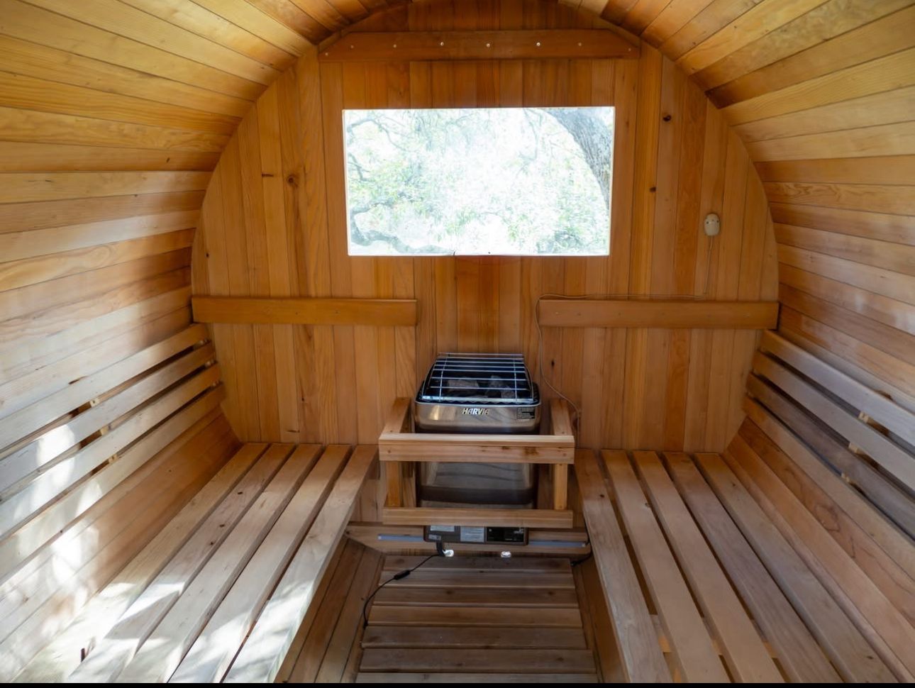 Barrel sauna at AWKN Ranch